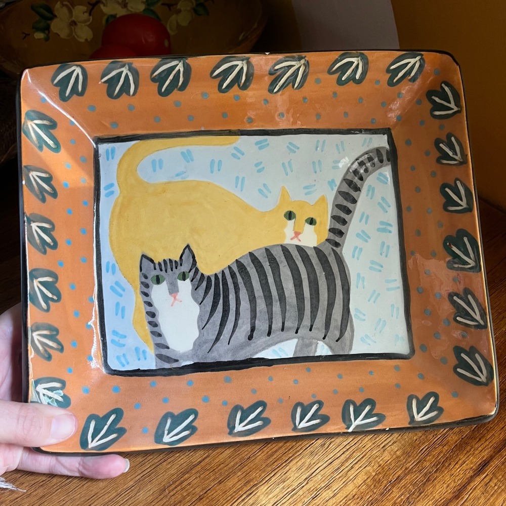 Solveig Cox Studio Pottery Cat Platter Signed Hand Painted Folk‎ Art Tray